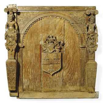 AN ELIZABETHAN OAK OVERMANTEL CARVED WITH THE COAT OF ARMS OF SIR ROBERT BELL