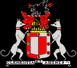 ARMS OF PATRICK MAULE b. 1585. 1st. EARL OF PANMURE, BARON MAULE OF BRECHIN AND NAVAR. Arms: Per pale argent and gules. A bordure charged with eight escallops all counterchanged. Crest: A dragon sable from the mouth and tail fire issuing proper. Supporters: Two greyhounds argent collared gules the collars charged with escallops argent. Motto: Clementia et Animis.