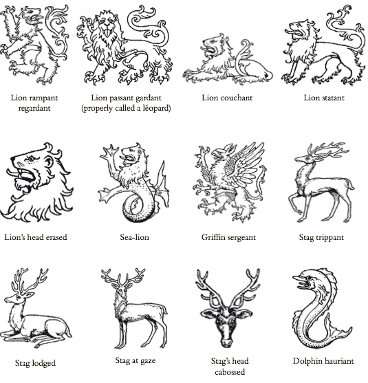 Attitudes of animals. Notice the different terms used for beasts of prey (such as lions) and stags. Heraldic beasts often bear no resemblance to their natural counterparts, as with the heraldic dolphin and the sea-lion, clearly conceived by someone who had never seen the real thing.