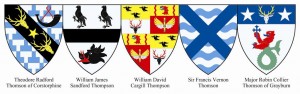 Remaining Thomson arms in the Lyon Office Ordinary, vol.II. The first coat of Roy Herbert Thomson have been omitted since, on becoming Lord Thomson of Fleet, he changed the original moose-head in his arms to the usual Thomson stag's head. The moose was appropriate for a Canadian, but perhaps he became a British subject and felt it necessary or desirable to Scottify his arms.