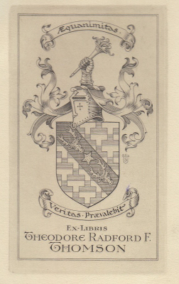 Theodore Radford Forrester Thomson (1897-1981) Arms: Potent Argent and Azure on a bend Sable a mullet between two stags’ heads cabossed Or Crest: A gauntleted hand erect in pale holding a flaming torch in bend proper Motto: Above the Crest: Acquanimitas (With Even Mind) Below the Shield: Veritas Praevalebit (Truth Will Prevail)