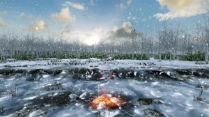 an artist's impression of warren field about 10000 years ago showing burning material in one of the pits.
